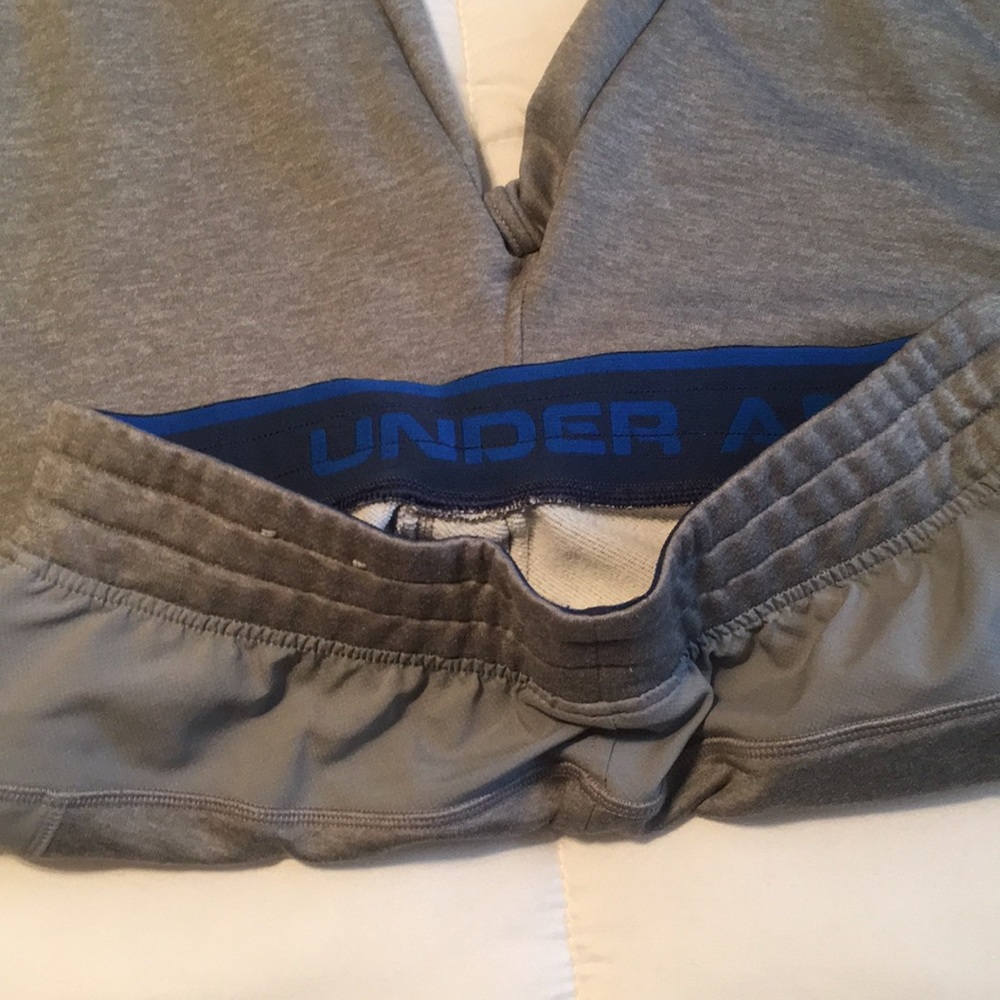 Gray Under Armour sweatpants with blue zipper detail. - Picture 4 of 5